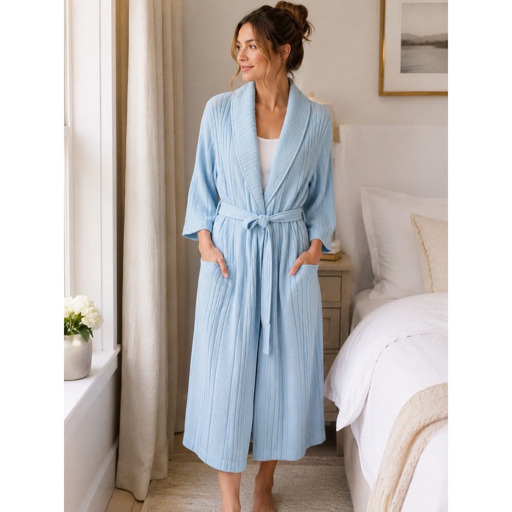 Vintage Canat Paris France Blue Ribbed Knit Belted Lounge Robe House Coat M/L